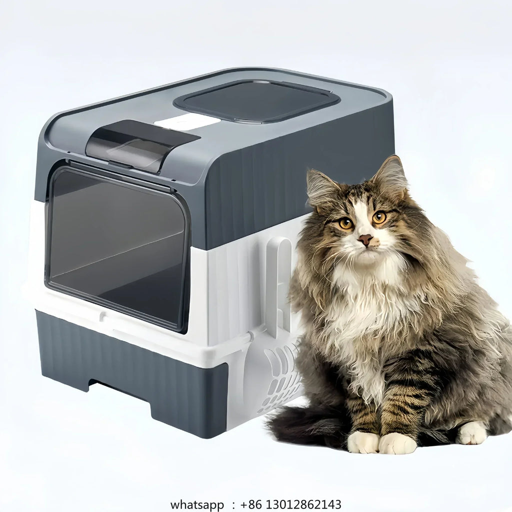 Portable Collapsible Cat Litter Pan with Splash Guard and Plastic Scoop - Pet Litter Box with Lid, Easy to Clean and Assemble