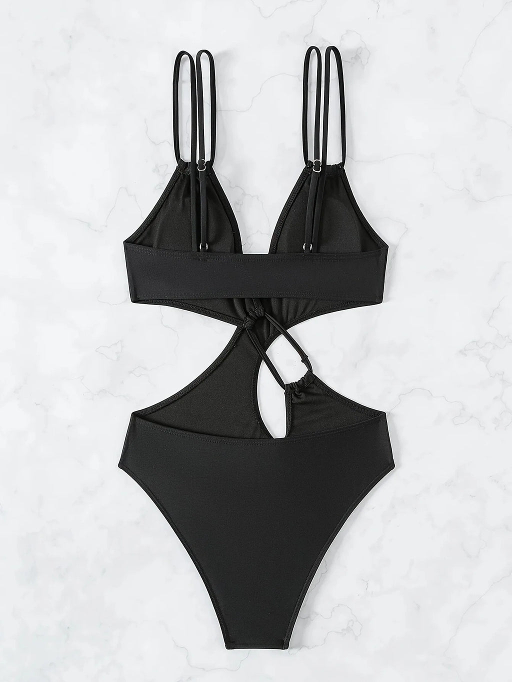 Woman Tankini Bathing Suit Black Monokini Deep V Neck Hollow Out Backless Design High Cut Bottom Slim Fit Adjustable Straps